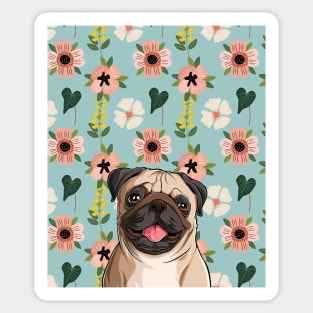 Pug Dog Head with Spring Flower Pattern Background Sticker